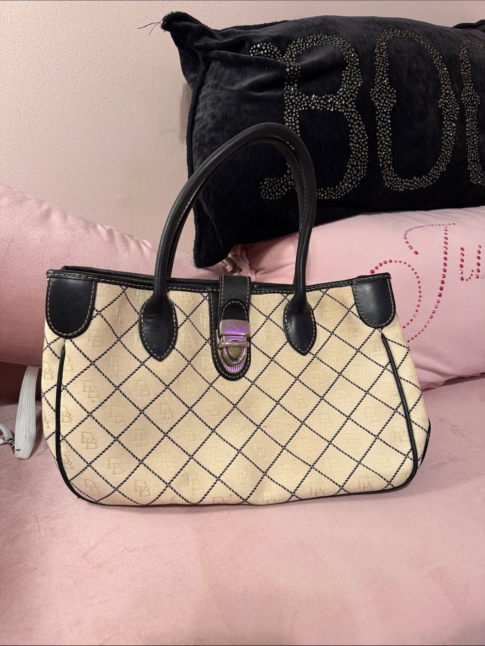 Dooney & Bourke Cream Quilted Shoulder Tote with Black Trim